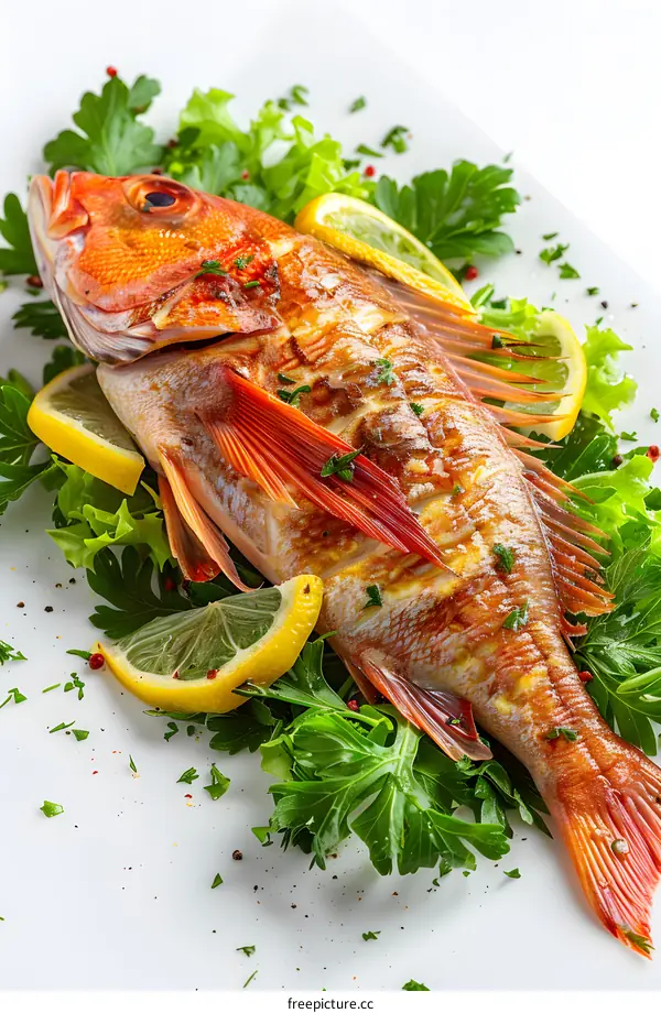 Roasted red fish with lemon and herbs