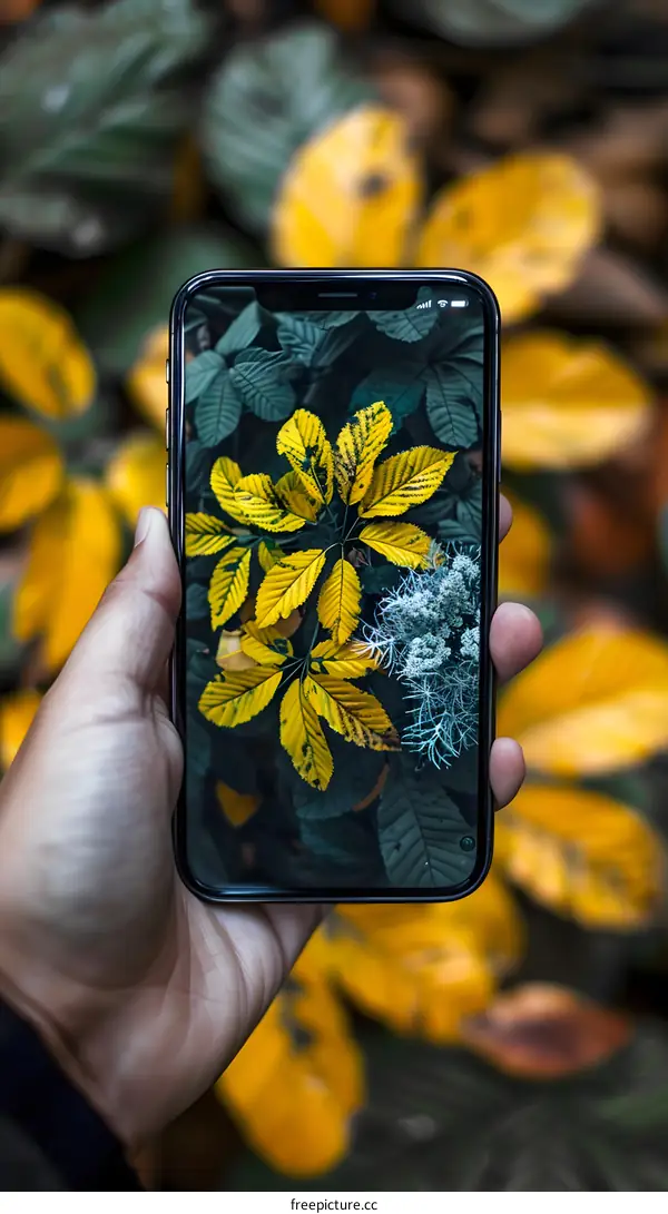 Hand Holding a Smartphone With Autumn Leaves Background