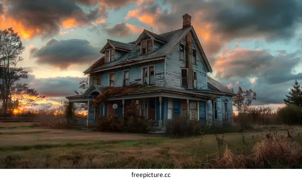 old abandoned house in field at sunset