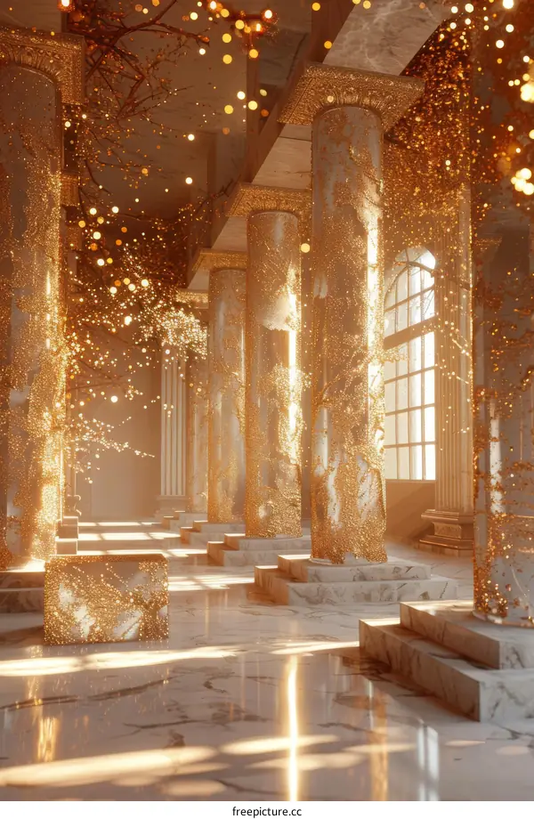Golden pillars in an empty room with a large window