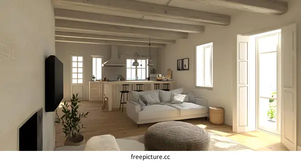 Modern Living Room Interior Design with Wooden Beams and White Walls