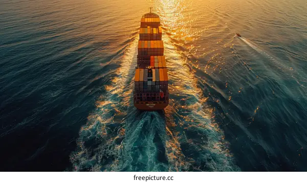 A large container ship sails through the ocean at sunset