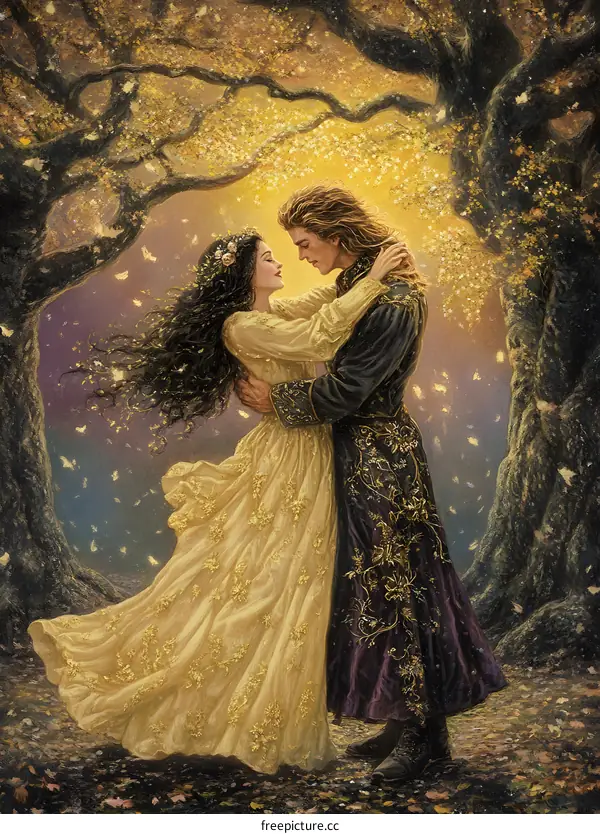 Romantic Couple Embracing Underneath a Tree with Falling Leaves