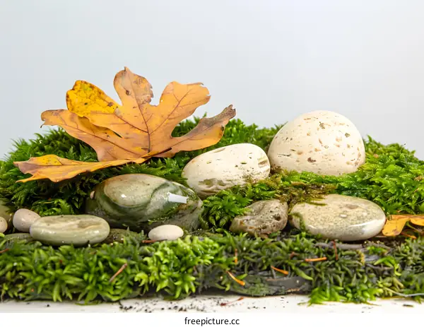 Close Up of Green Moss with Rocks and Leaf