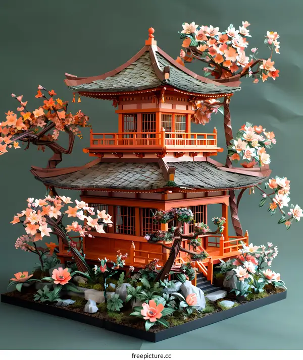 A traditional Japanese pagoda surrounded by cherry blossoms
