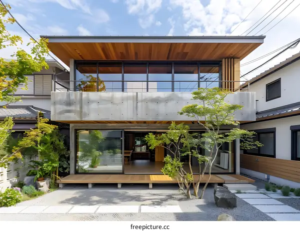 Modern Japanese Home with Concrete and Wood Exterior