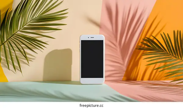 White Smartphone on a Colorful Background with Palm Leaves
