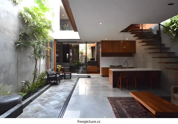 Modern Home Interior Design with Concrete Walls and Wooden Accents