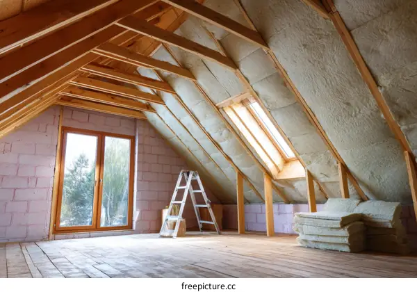 Unfinished Attic Room with Insulation Installation