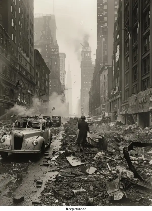 Post-war scene on William Street near Broad Street, looking south, New York City