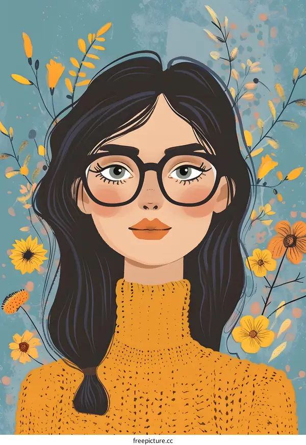 Girl with Glasses and Yellow Sweater Surrounded by Flowers