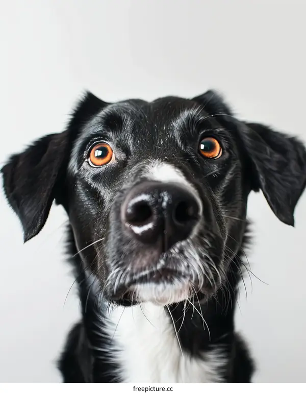 A black dog looking at the camera with its ears perked up