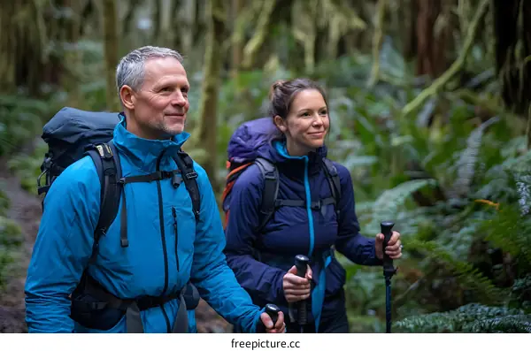 Couple Hiking Through a Forest Trail