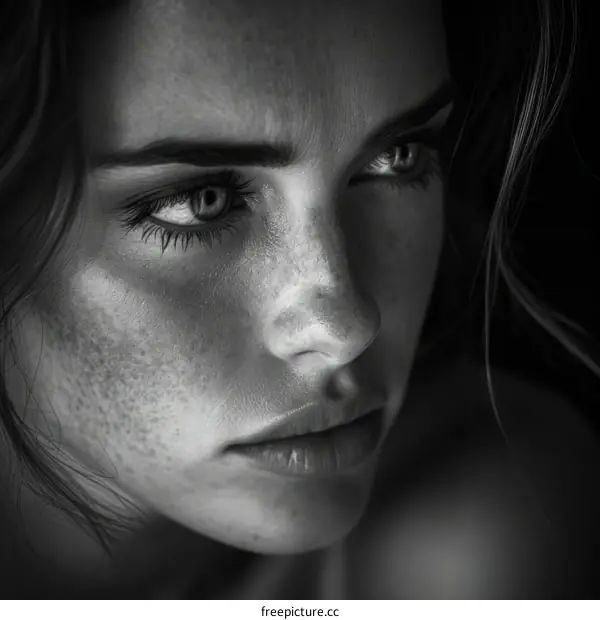 Portrait of a young woman with freckles on her face