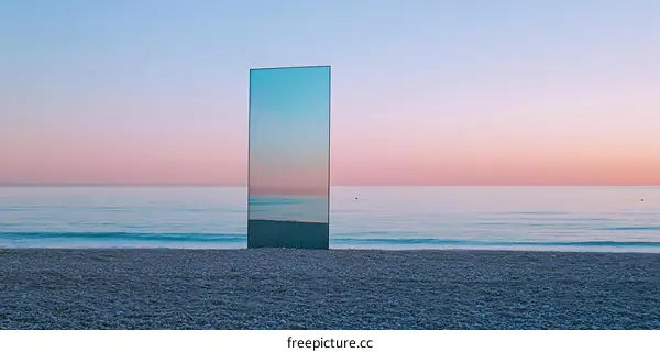 Reflective Glass Panel On A Beach At Sunset