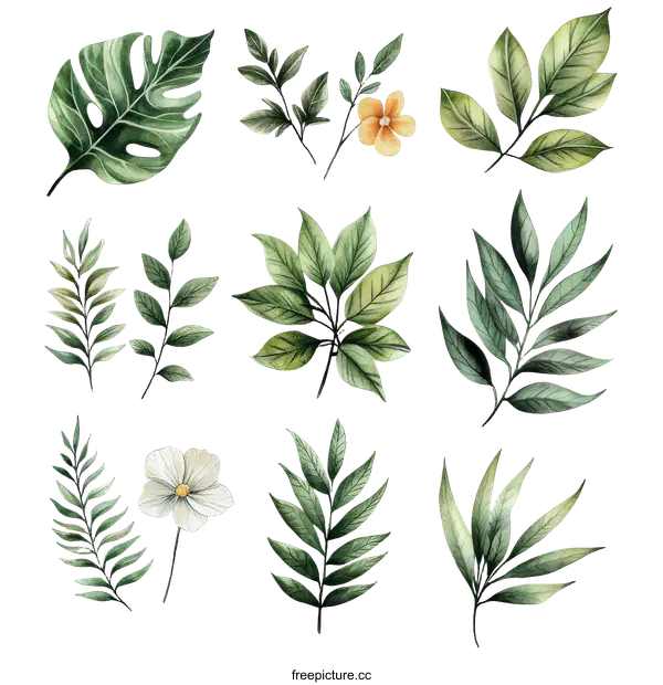 [Transparent Background PNG]Collection of Watercolor Tropical Leaves and Flowers