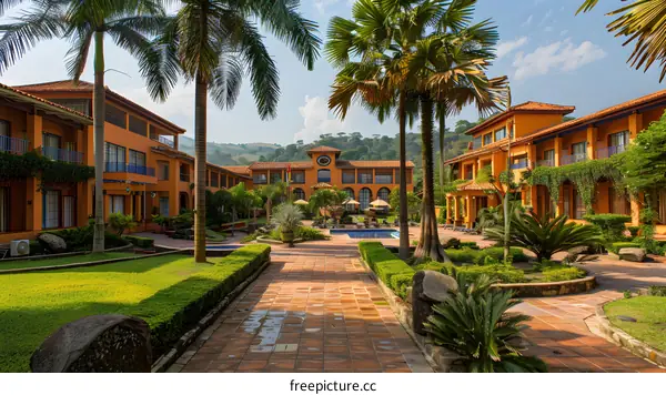 Courtyard of a tropical hotel with palm trees and a swimming pool