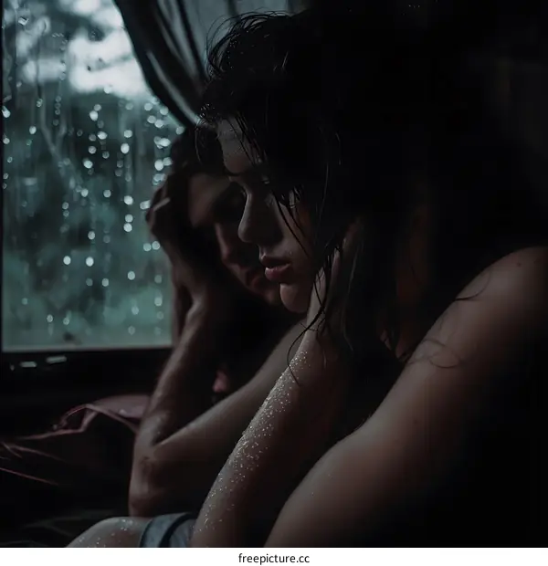 Couple Sitting by Window During Rainy Day