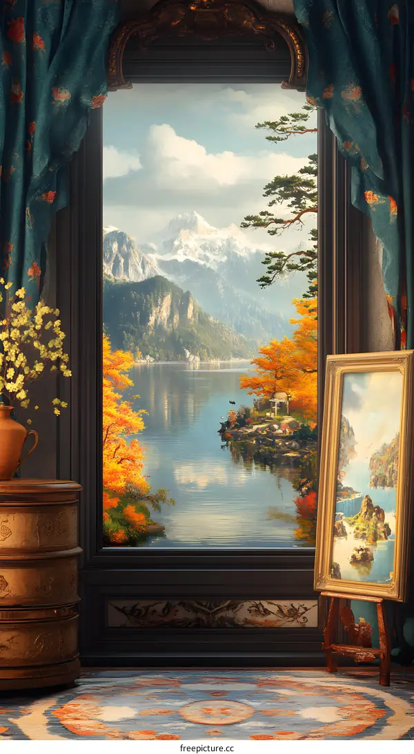 Mountain Lake View From Window With Golden Frame Painting