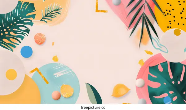 Abstract Summer Background with Tropical Leaves and Colorful Shapes
