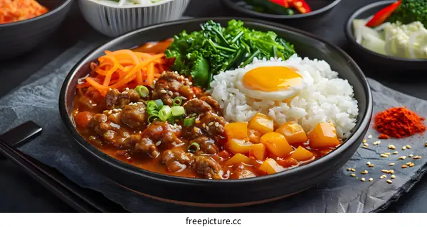 Korean food dish with rice, beef, egg and vegetables