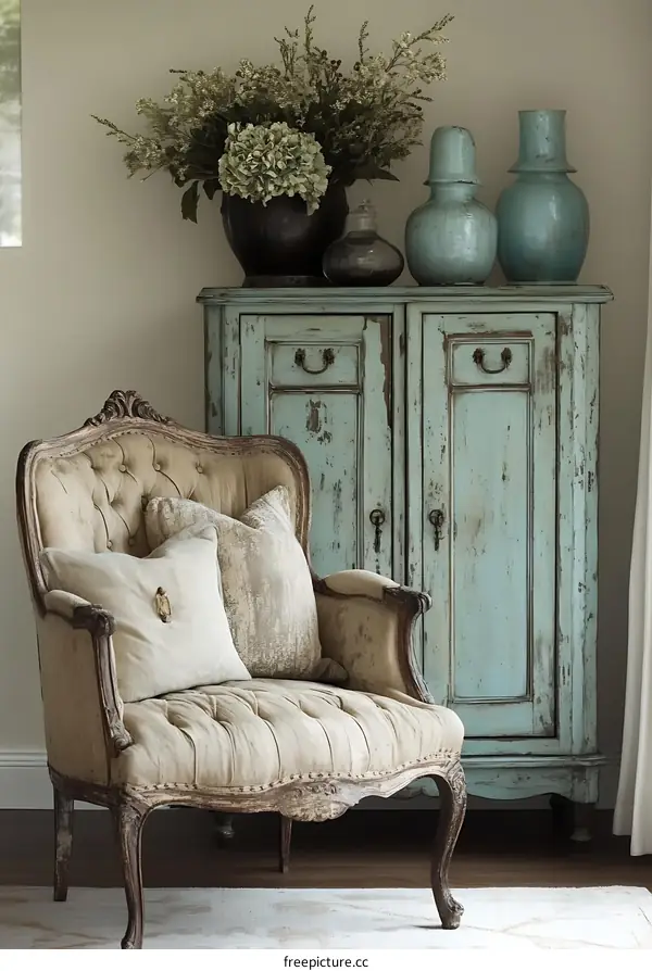 Vintage Style Living Room with Light Blue Cabinet