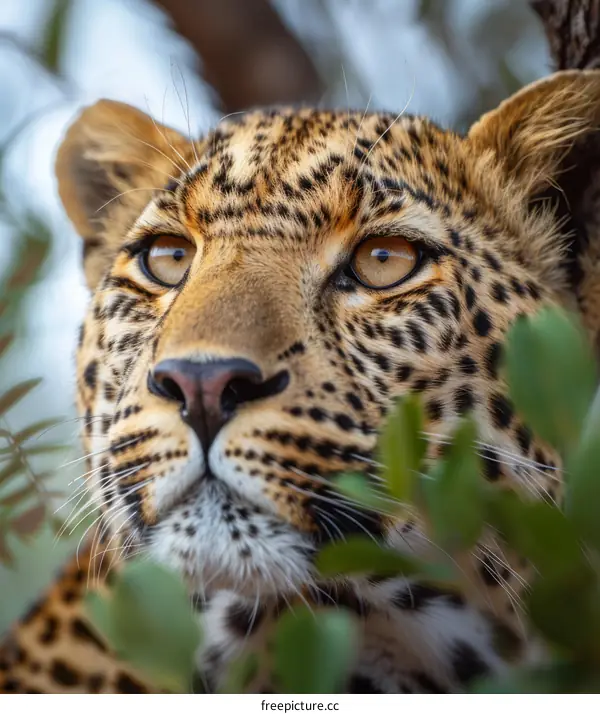 Portrait of a leopard staring intently with one eye