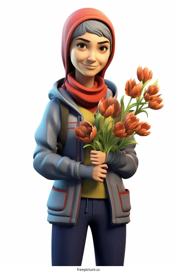 A young woman holding a bouquet of red tulips