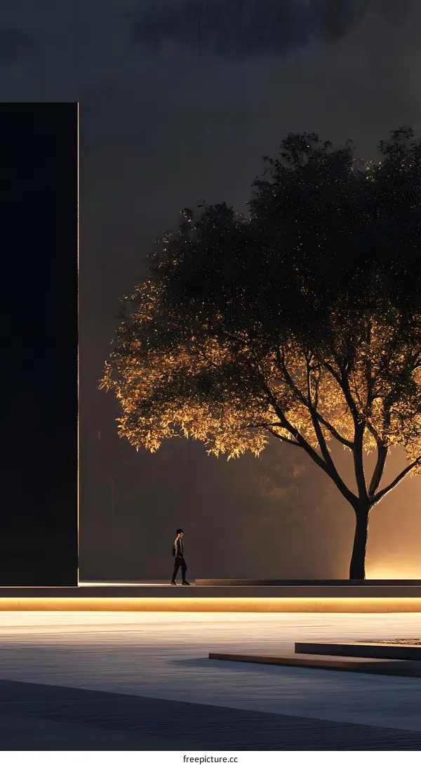 Minimalist Architecture With a Lone Figure Walking Under a Tree