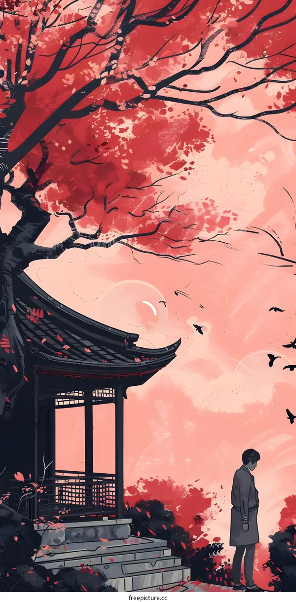 Person Standing in Front of a Traditional Japanese Building Surrounded by Red Trees