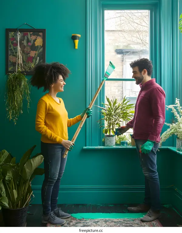 Couple Painting Their Home Together With Teal Paint