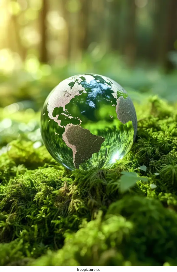Crystal ball on the moss in the forest