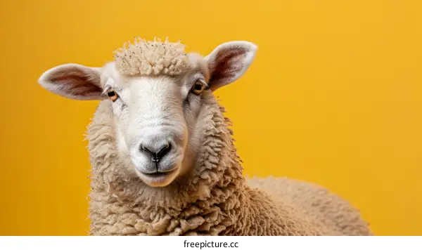 Close-up portrait of a sheep against a yellow background