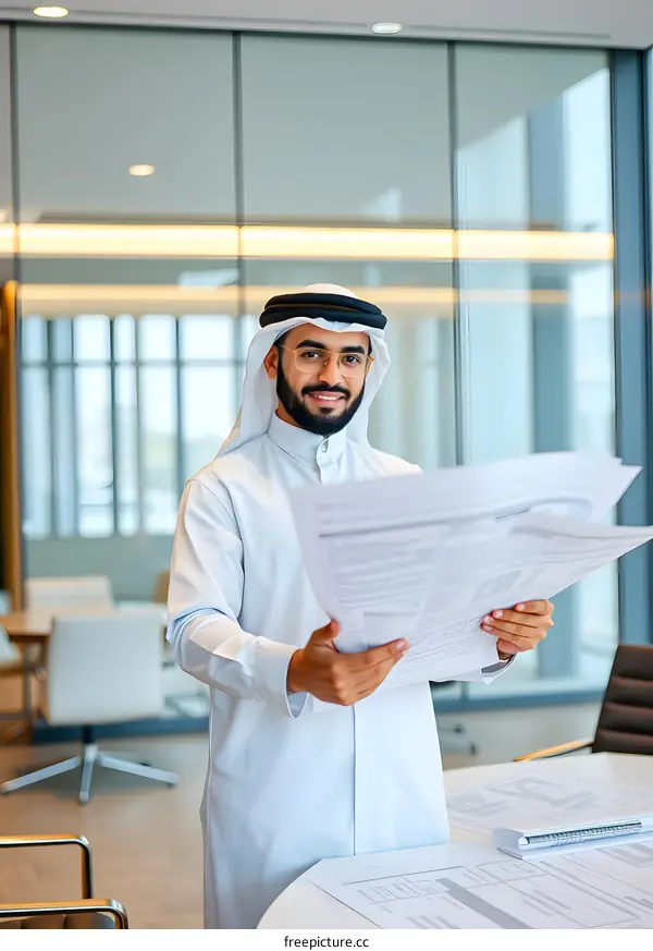 Smiling Arab Businessman Reviewing Documents in Office