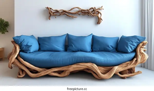Unique Wooden Sofa with Blue Cushions