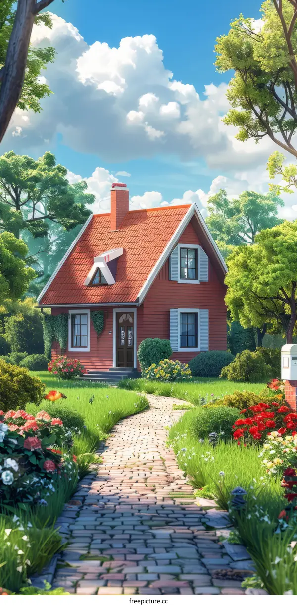 Small red house in the middle of a beautiful flower garden