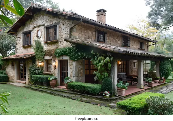 An exterior view of a stone house in the countryside