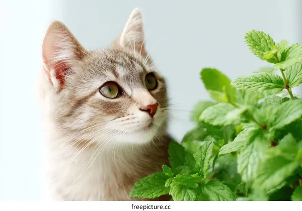 Cute Tabby Cat near Fresh Mint Plant