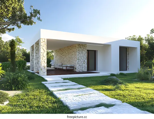 Modern Architecture with Stone Wall and Wooden Deck