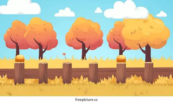 Cartoon Autumn Landscape with Trees and Fence