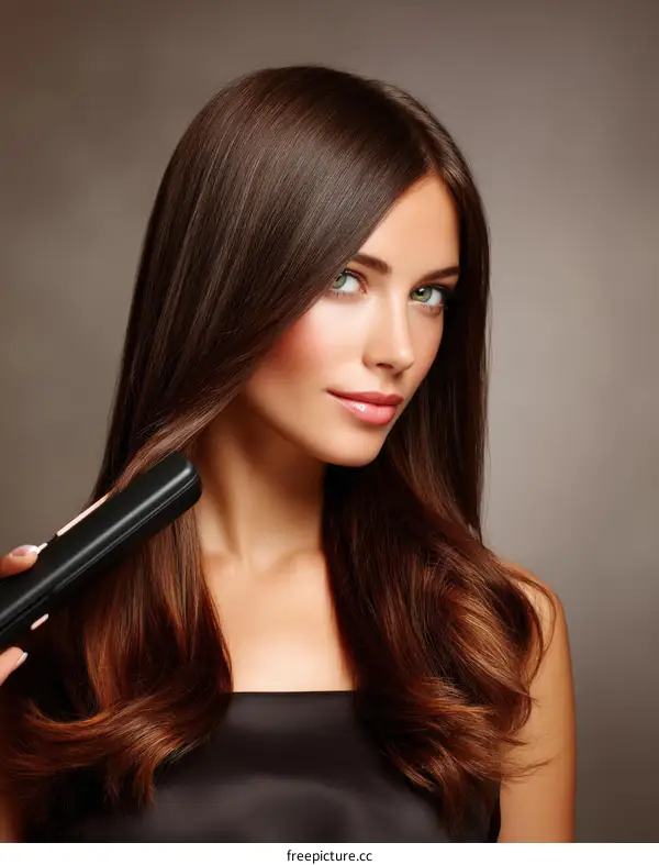 Beautiful Woman Styling Her Long Brown Hair with Straightener