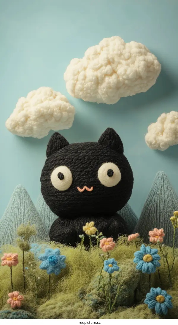 Cute Black Cat in a Knitted Meadow with Clouds