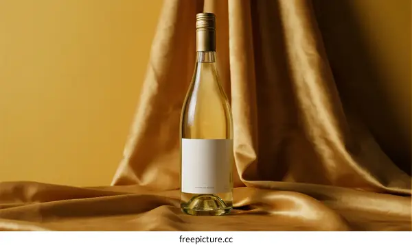 Elegant White Wine Bottle on Golden Silk Fabric Background