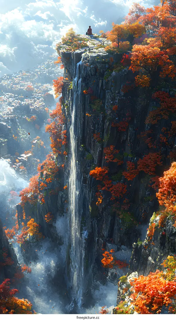 Man Sitting on a Cliff Overlooking a City and Waterfall