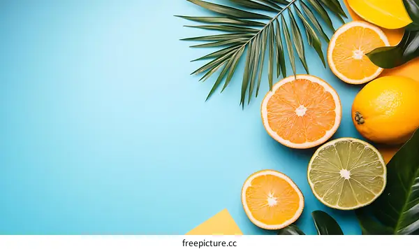 Summer Fruit Background with Palm Leaves and Oranges on a Blue Background