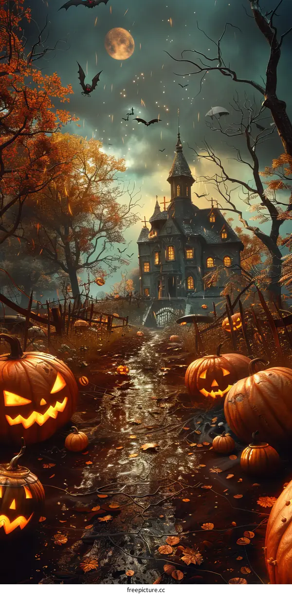 Spooky Haunted House with Bats and Pumpkins