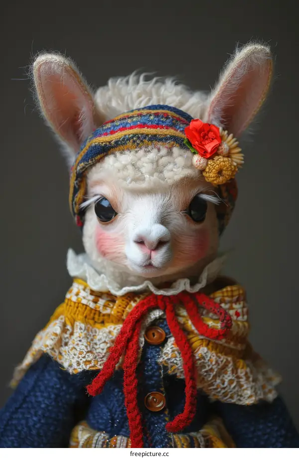 A cute llama doll with a red flower on its head