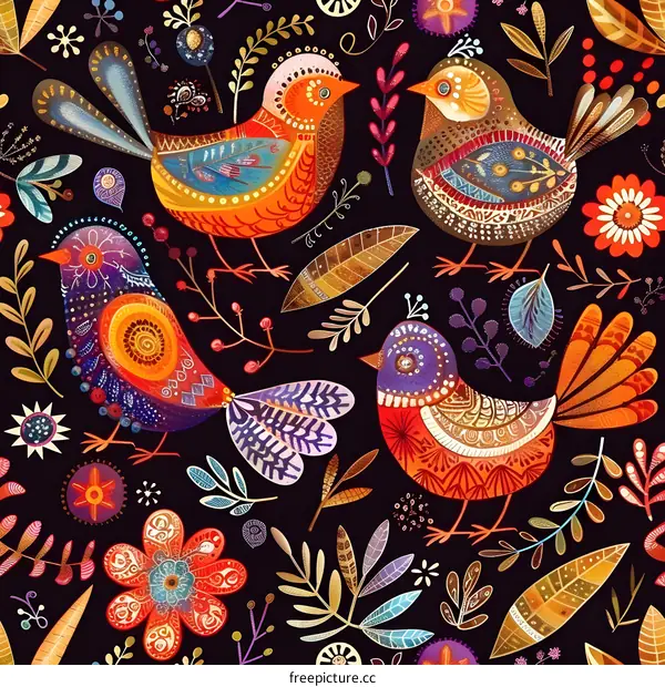 Colorful Birds and Flowers Seamless Pattern