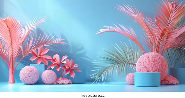 Pink Palm Leaves And Podiums On Blue Background