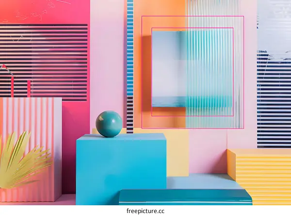 Abstract Geometric Shapes with Ocean View in a Pastel Colored Room
